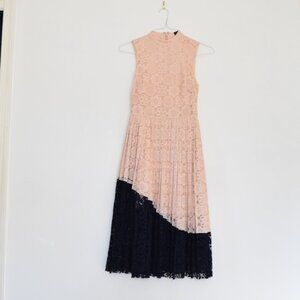 TOPSHOP Pink Pleated Floral Lace Tea Length Midi Dress | Size S
